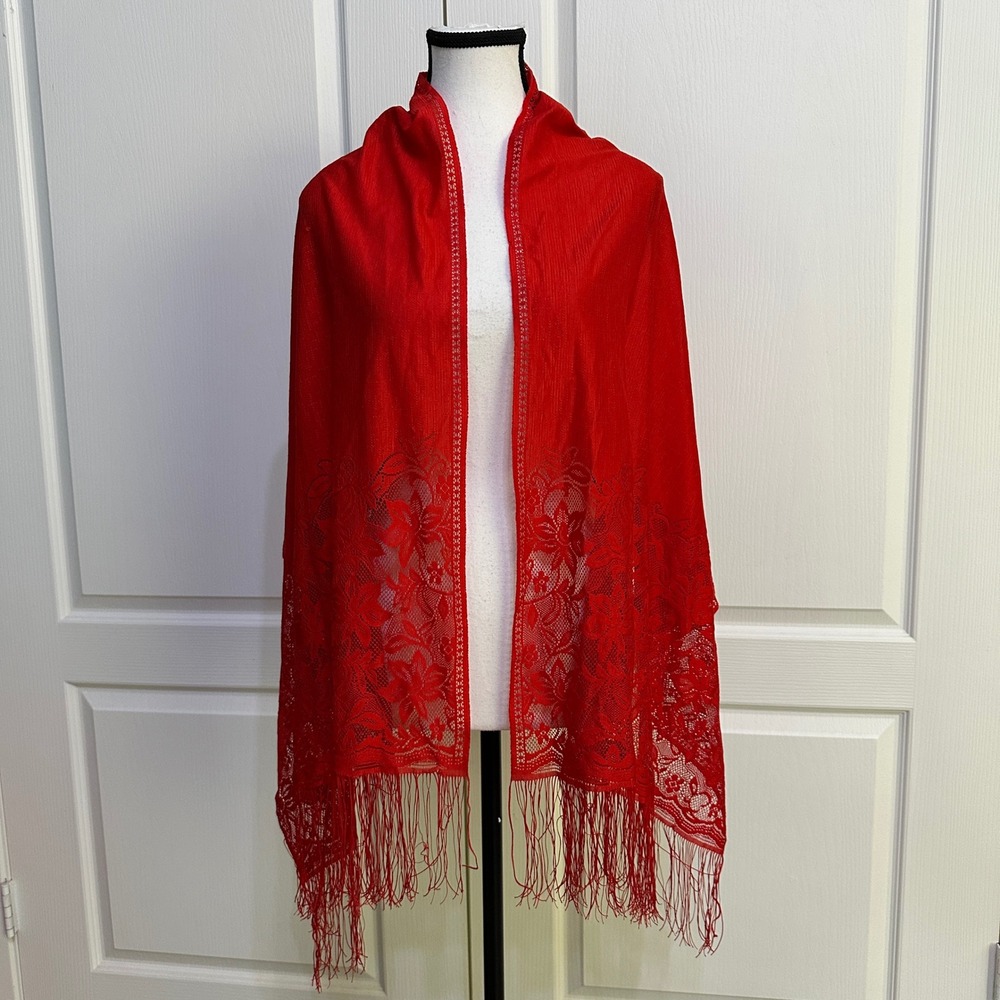 VTG Sheer Lace Fringe Shawl Wrap Scarf OS Red Floral Boho Romantic Whimsigoth